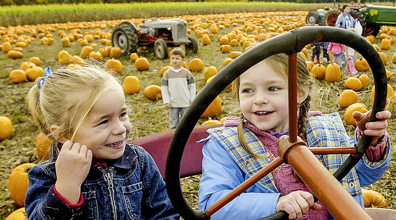 Two girls sitting on a tractor in a pumpkin patch