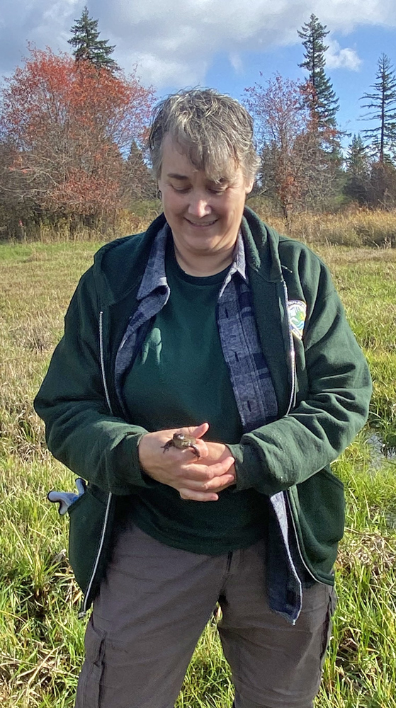 Julie Tyson, WDFW biologist, holds an Oregon Spotted Frog at West Rocky Prairie